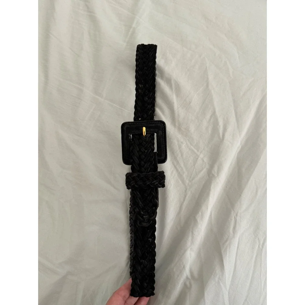 Black Braided Genuine Leather Belt S/M Square Buckle Vintage Equestria